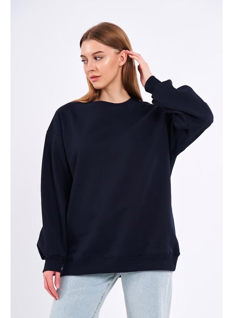 Navy Blue Women's Cotton Oversize Basic Crew Neck Sweatshirt - Image 2